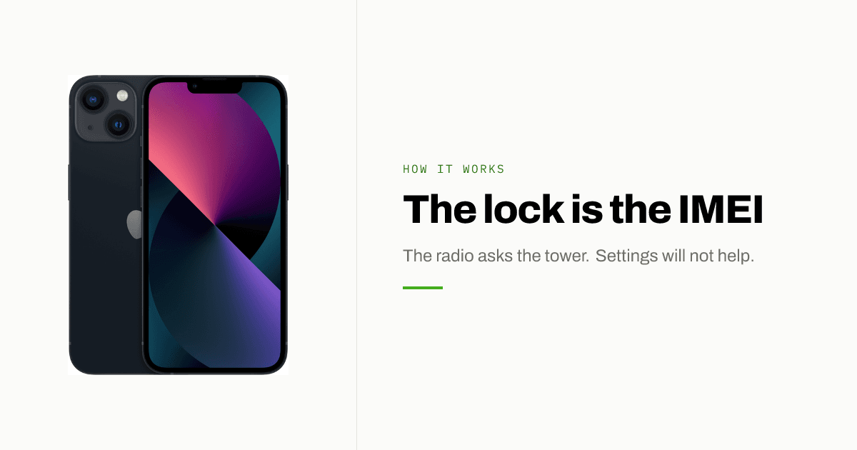 iPhone 13 card: The lock is the IMEI. The radio asks the tower.