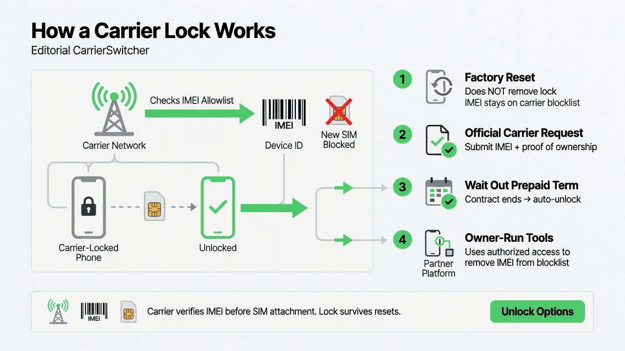 Diagram of tower IMEI check, SIM attach, and carrier unlock paths